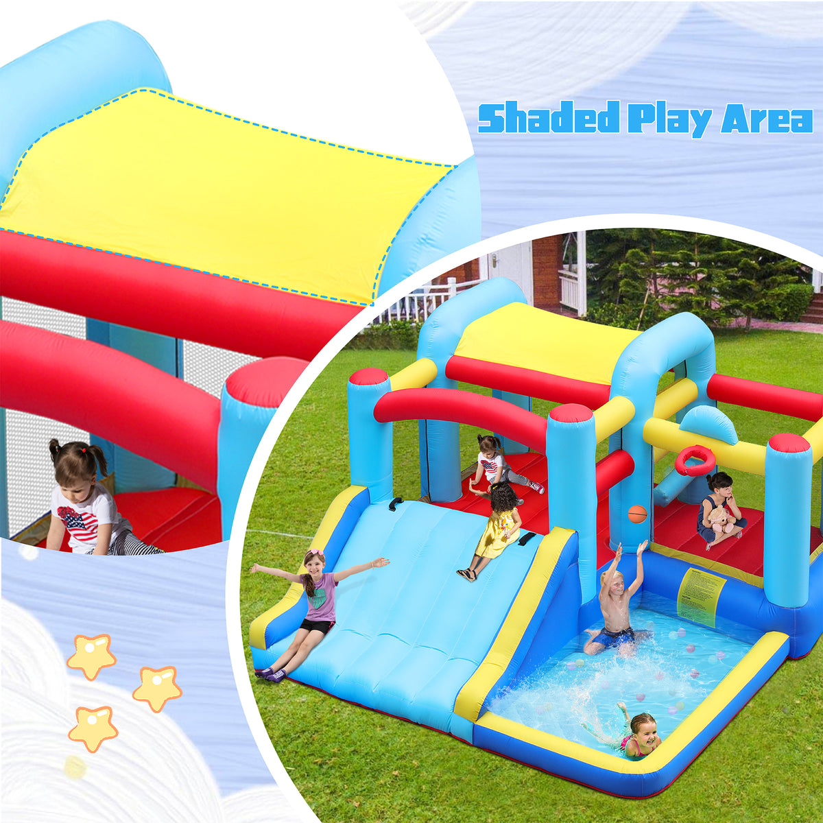 Inflatable Water Slide Bounce House with Splash Pool & Basketball Rim M46873