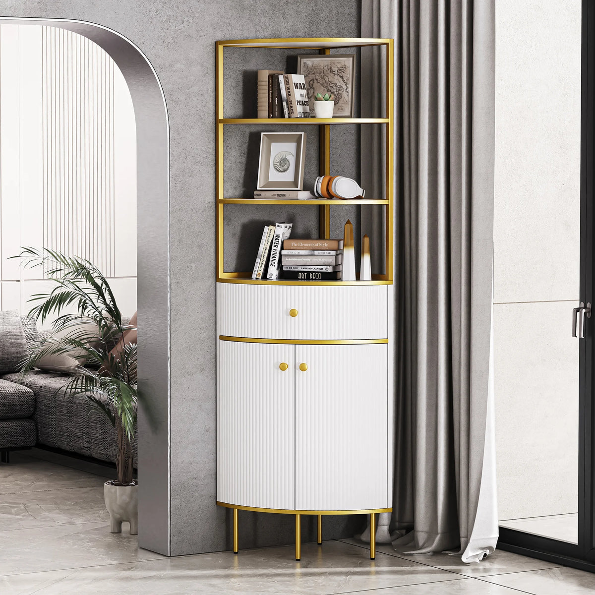White Wooden Corner Bookshelf with 1 Drawer and 2 Doors T86519
