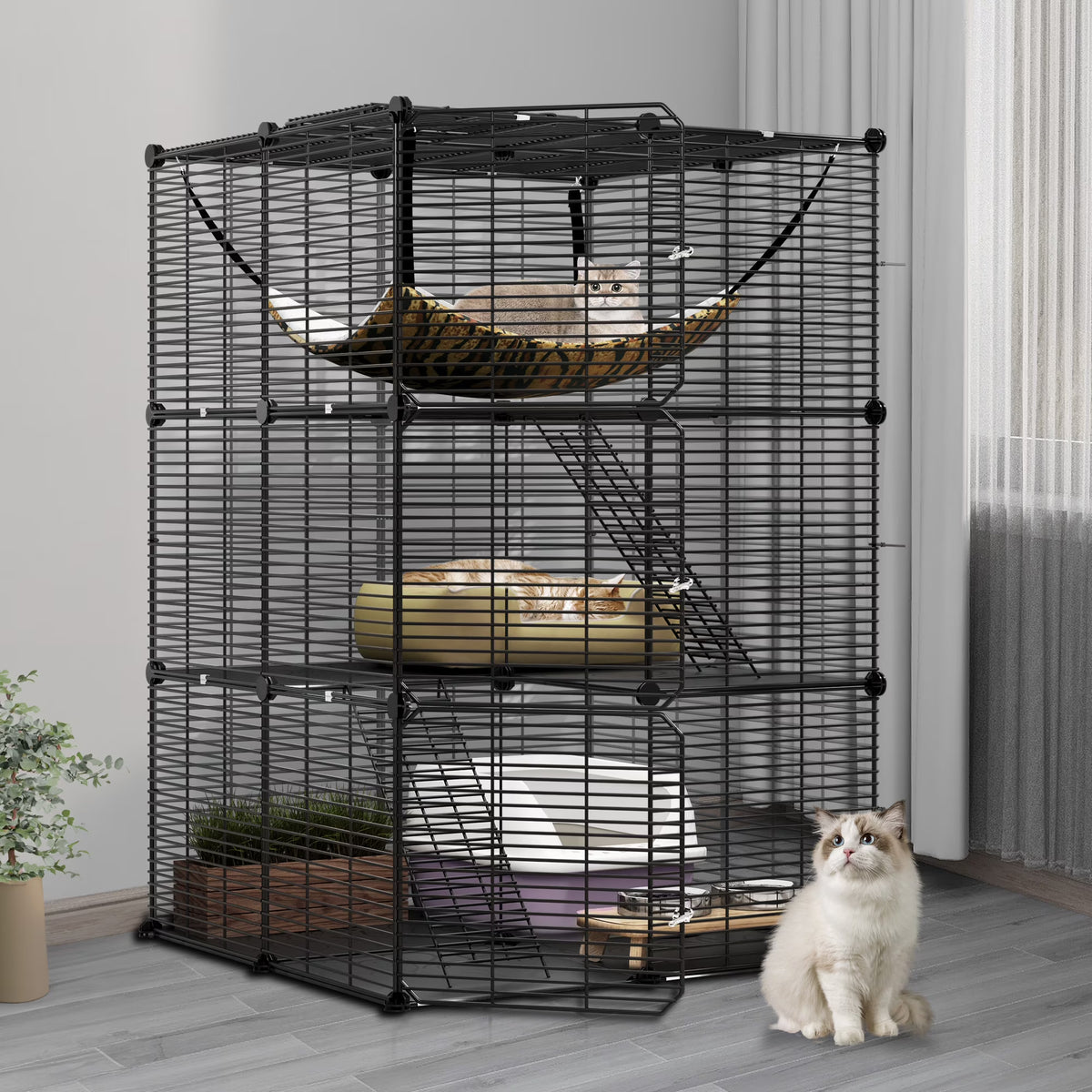 Indoor Cat Cage with Extra Large Hammock for Multiple Small Animals, 28"L x 28"W x 41"H, Black N31150