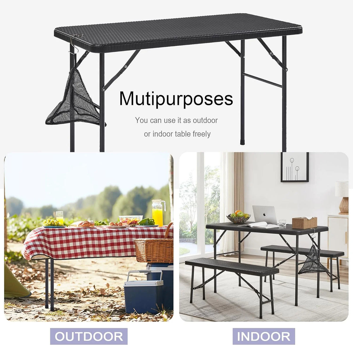 Black 3 Piece Folding Picnic Table with Benches V562099