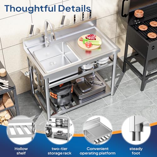 Stainless Steel Freestanding Utility Sink with Workbench Drawer Double Shelves Y566
