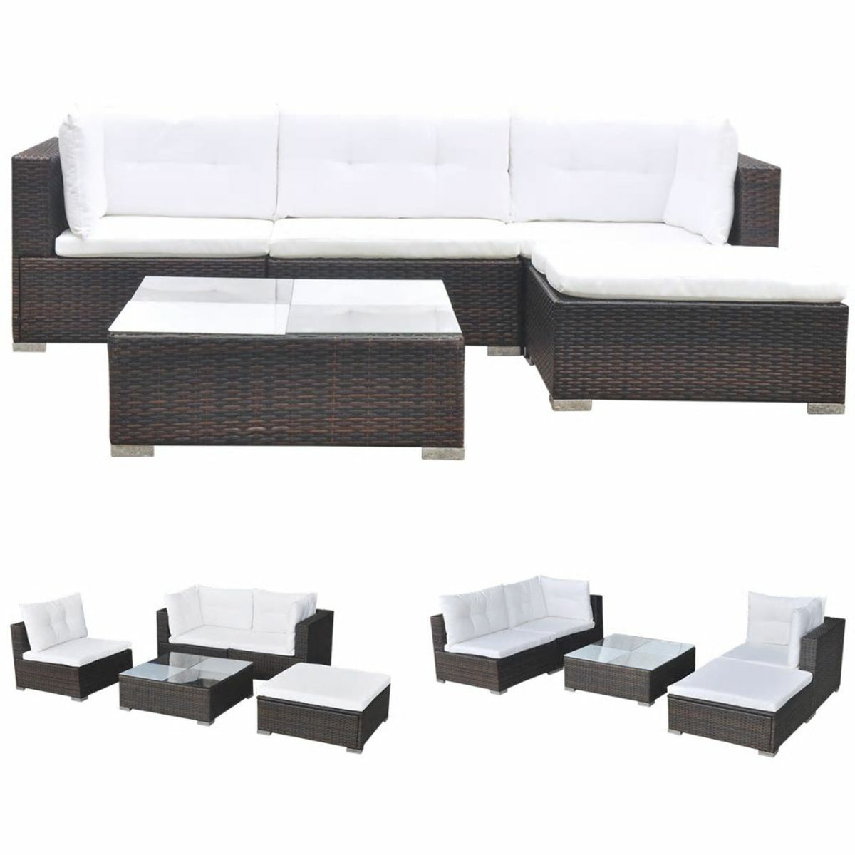 5 Piece Outdoor Sectional Sofa with Coffee Table and Ottoman Set Poly Rattan S3253