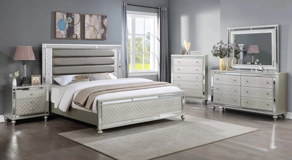 4pc Queen Size Upholstery LED Bed Dresser Mirror Nightstand Wooden Furniture Set C991