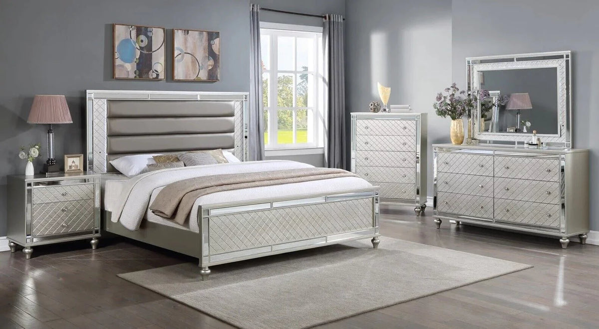 4pc Queen Size Upholstery LED Bed Dresser Mirror Nightstand Wooden Furniture Set C991