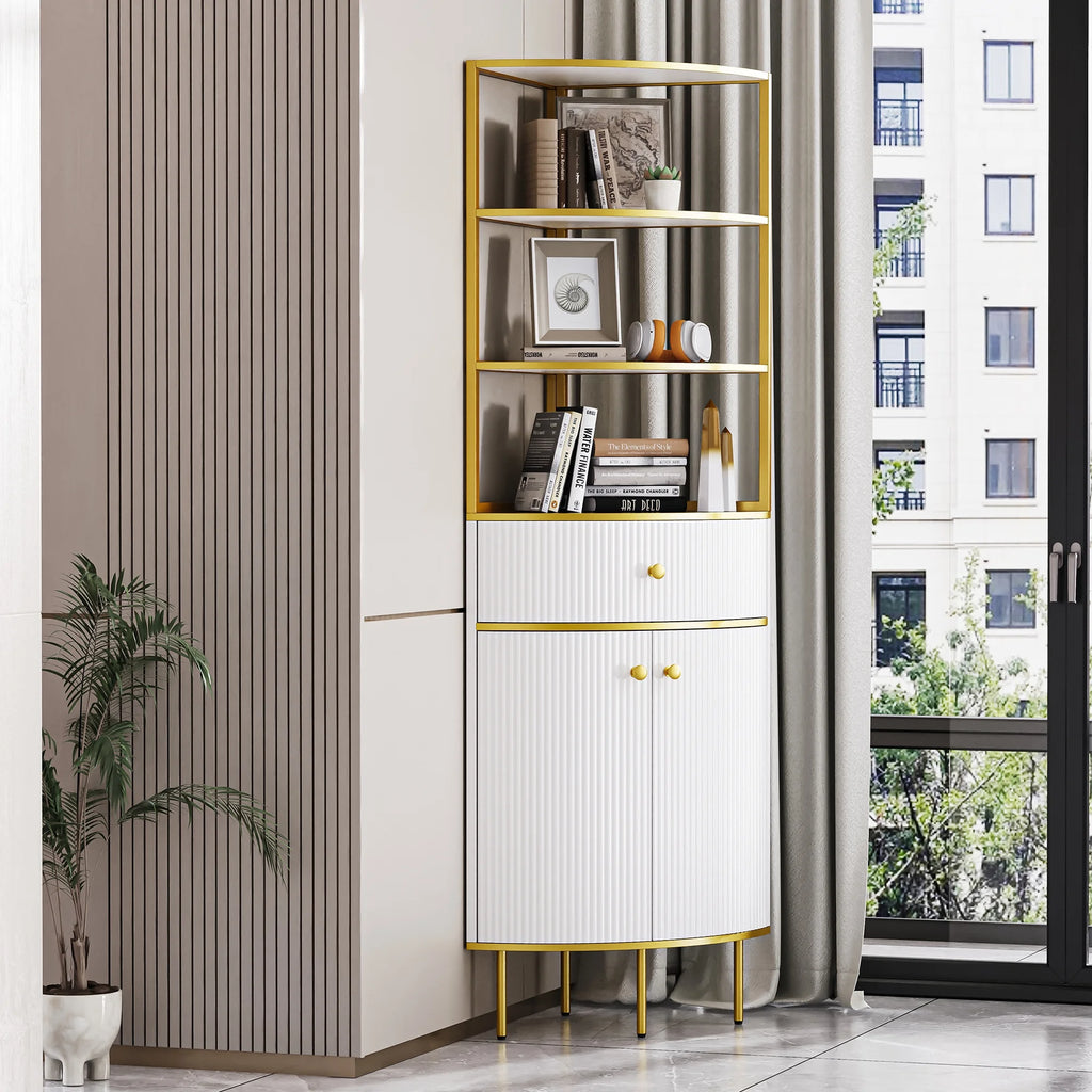White Wooden Corner Bookshelf with 1 Drawer and 2 Doors T86519