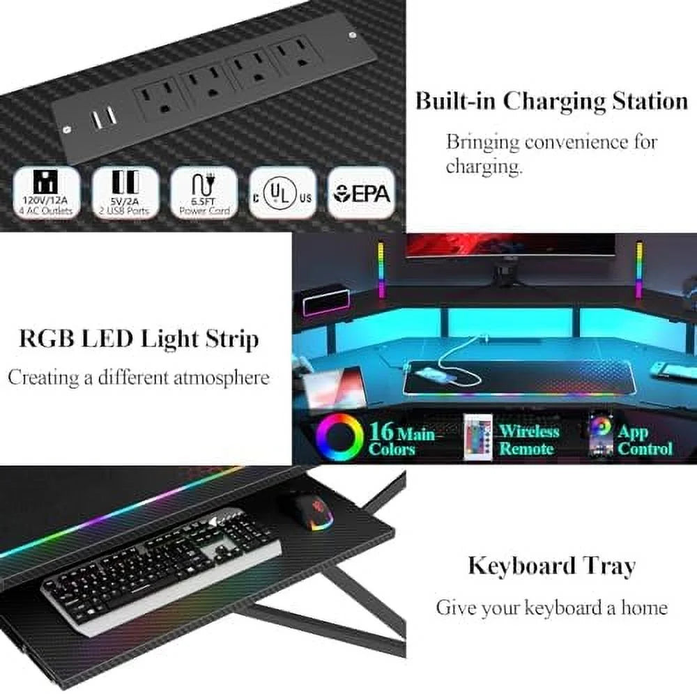 72" Gaming Desk with Power Outlet & Led Strip N8545