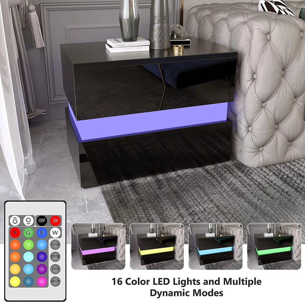 Black LED Nightstand Set of 2 with 2 Storage Drawers K958512