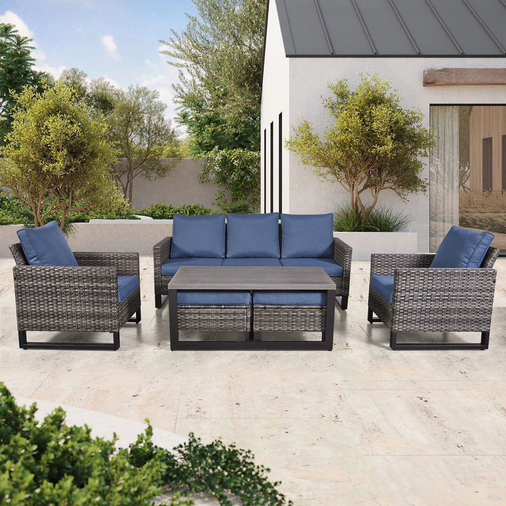 Blue Cushion Rattan Patio Furniture Set with Sofa, Chairs, Coffee Table and Ottomans G435007