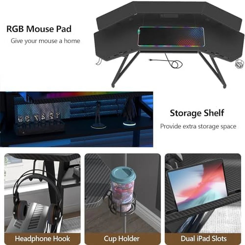 72" Gaming Desk with Power Outlet & Led Strip N8545