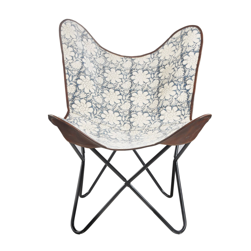Blue/White/Brown Floral Canvas Faux Leather Butterfly Chair B46750