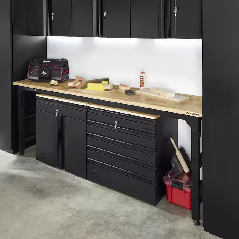 8 ft. Adjustable Height Solid Wood Top Workbench in Black M8095