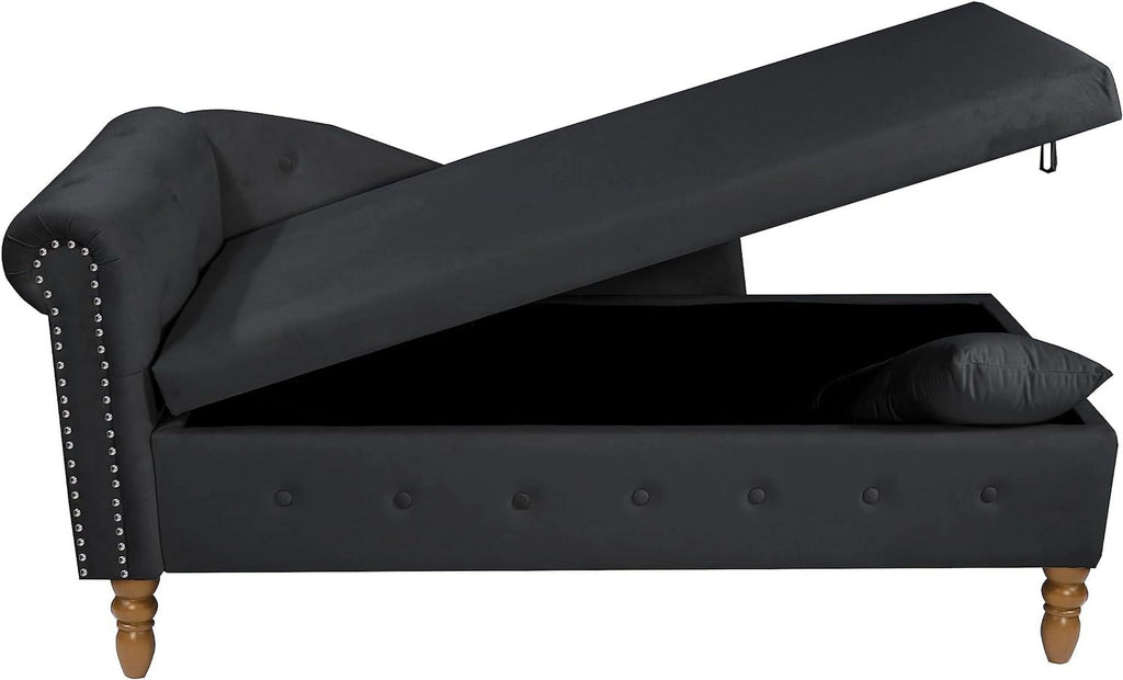 Black Velvet Chaise Lounge Chair with Storage & Pillow B1062