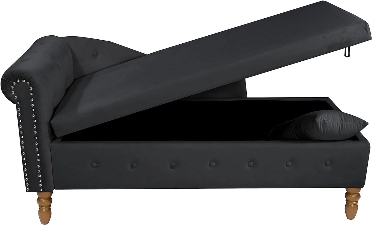 Black Velvet Chaise Lounge Chair with Storage & Pillow B1062