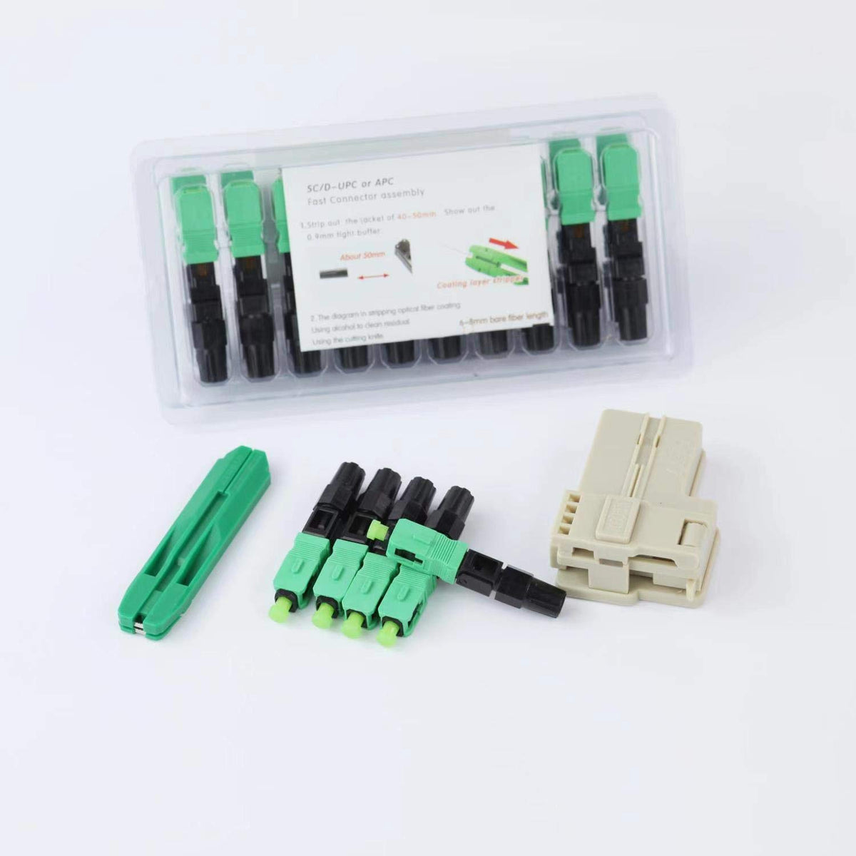 100pcs SC APC Fiber Optic Quick Connector with Matched Tools, Single Mode SM 9/125 Mechanical Fast Connectors V418568