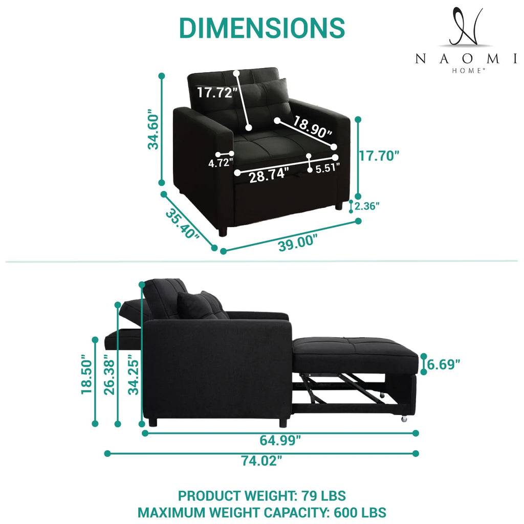 Black 3 in 1 Convertible Chair Bed Sleeper with Pillow E94895
