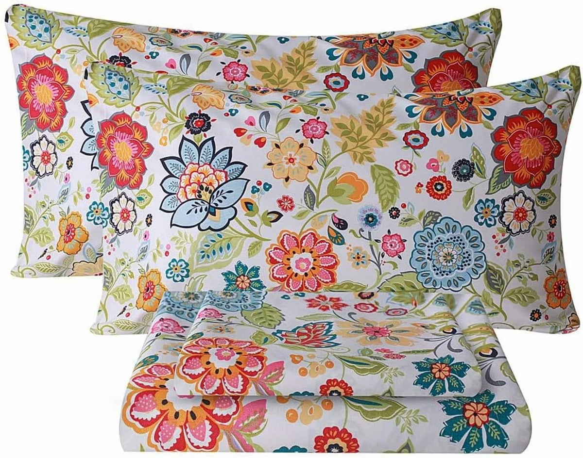 Queen Size 4 Piece Microfiber Floral Bed Sheets H291373