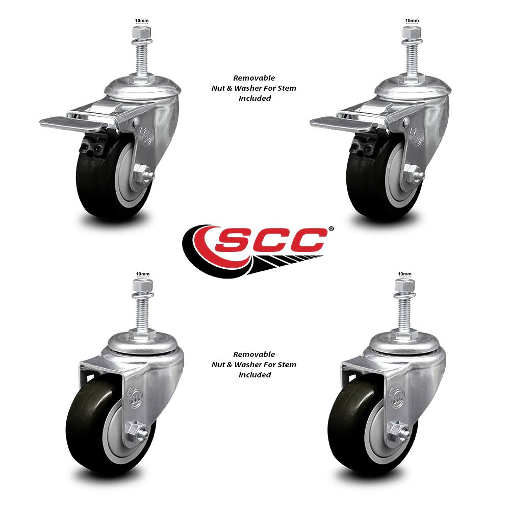 Set of 4 Polyurethane Swivel Threaded Stem Casters with Black Wheels B264403