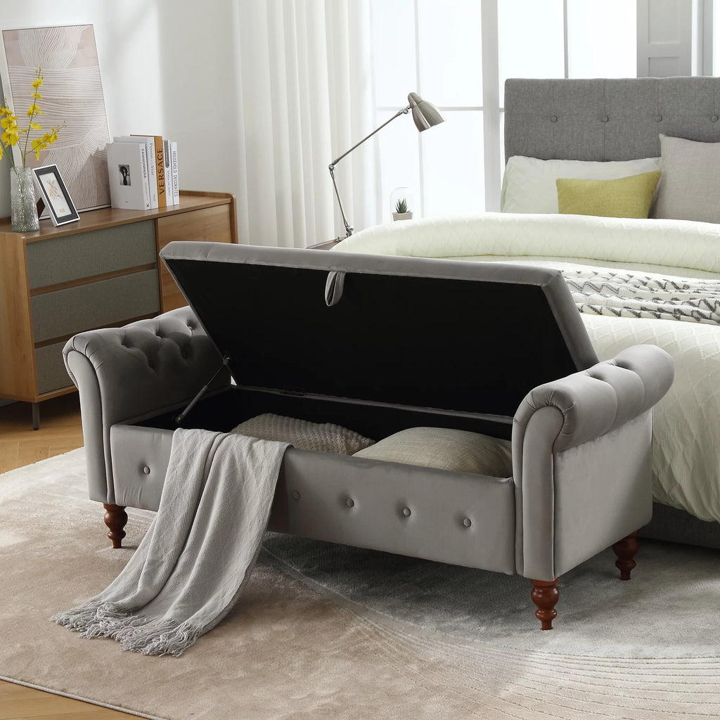 Gray Velvet Upholstered Storage Bench with Arms C91648