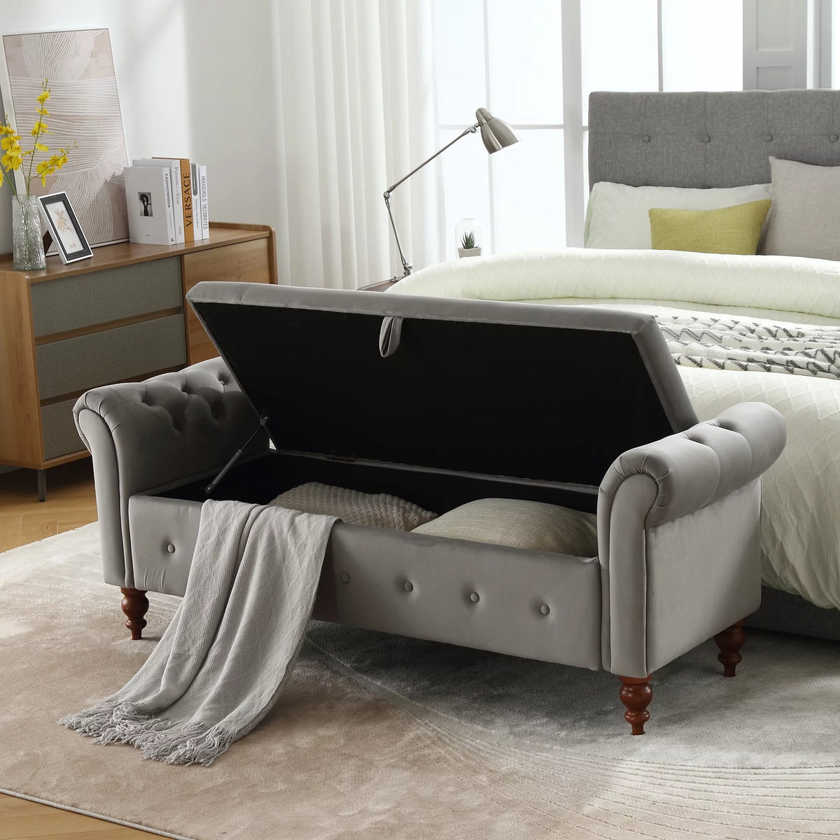 Gray Velvet Upholstered Storage Bench with Arms C91648
