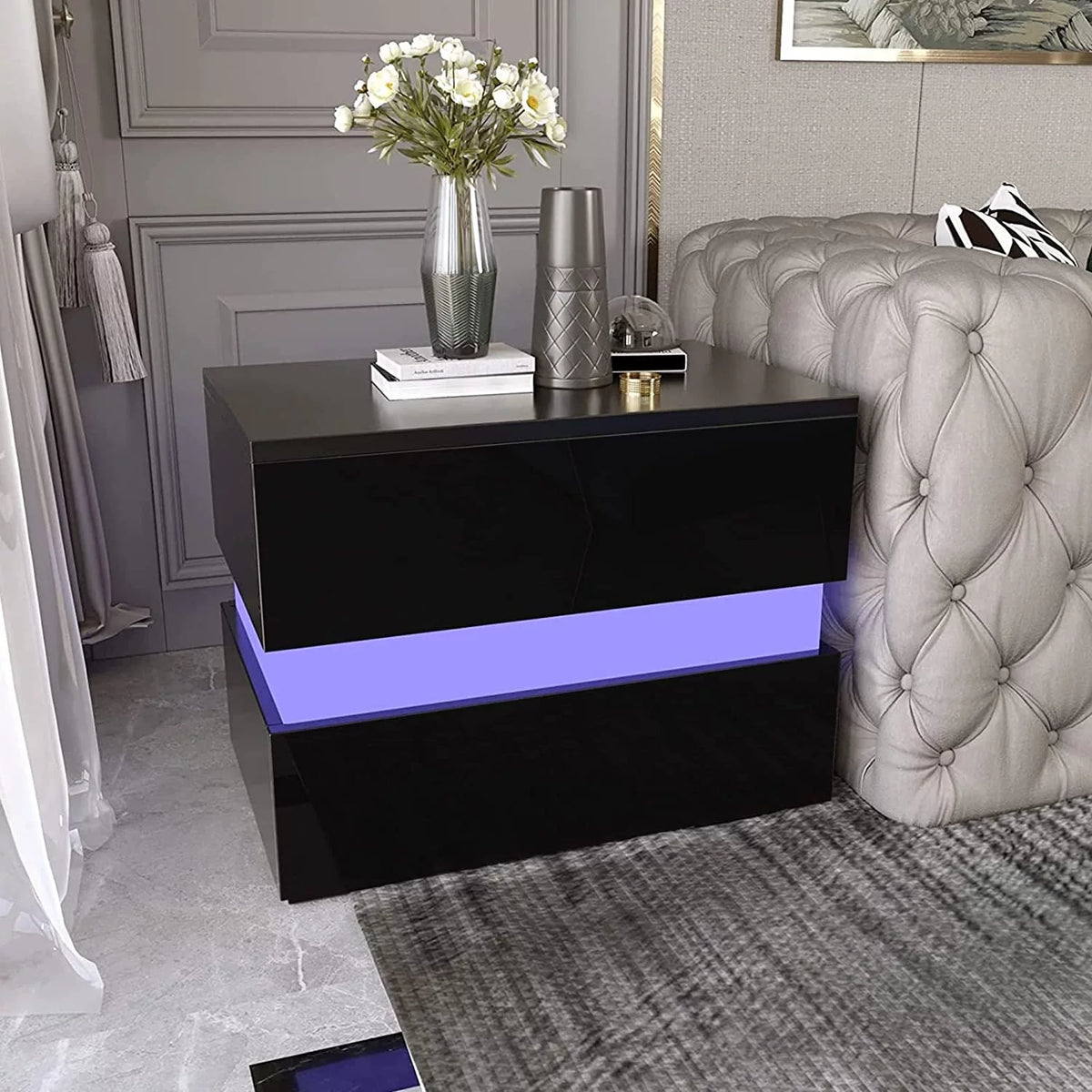 Black LED Nightstand Set of 2 with 2 Storage Drawers K958512