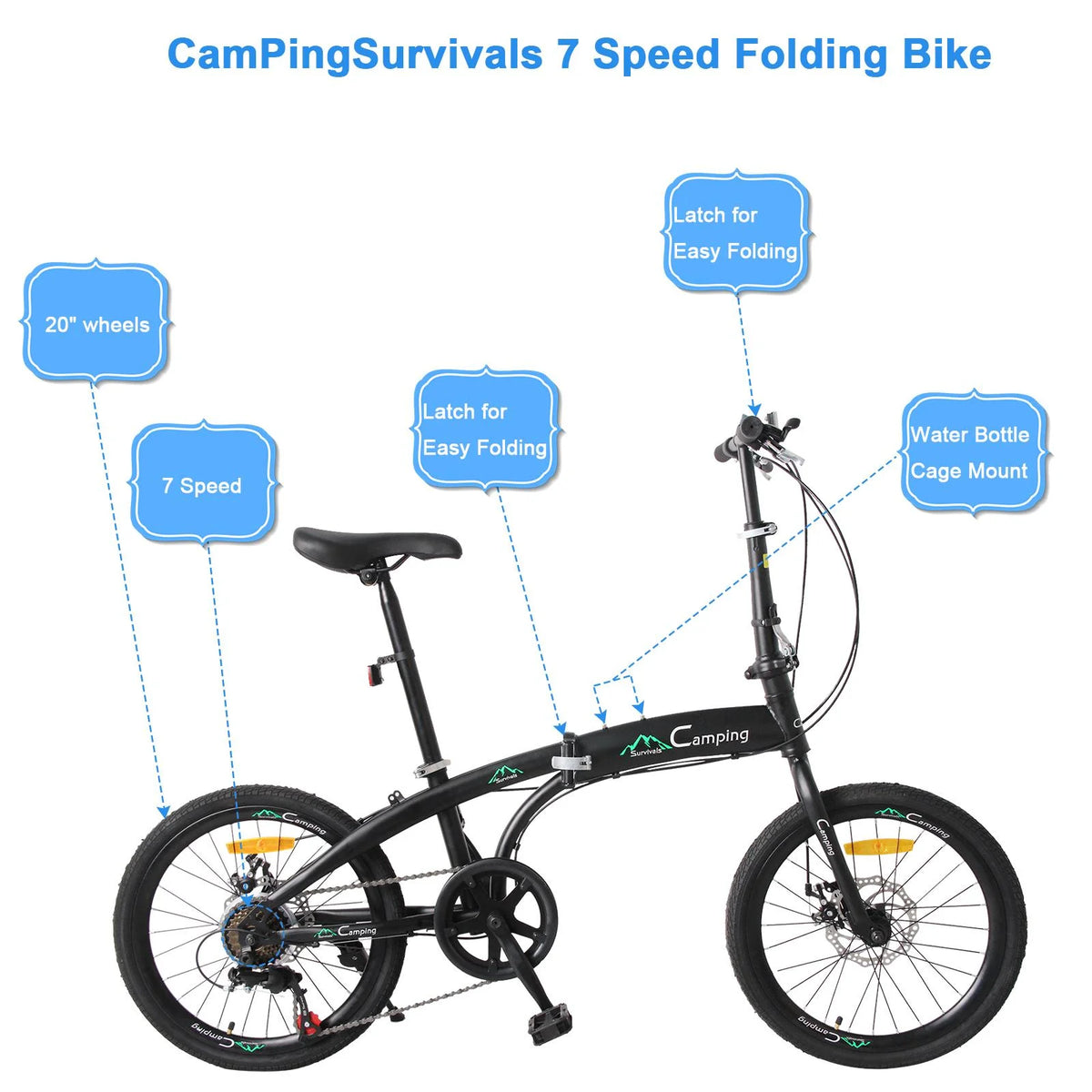 20 Folding Bike, 7 Speed Lightweight City Commuter Bicycle, Black G688