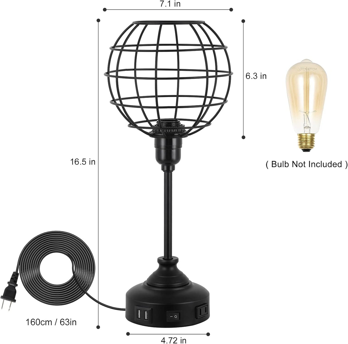 Industrial Table Lamp with USB Ports and Outlets E654356