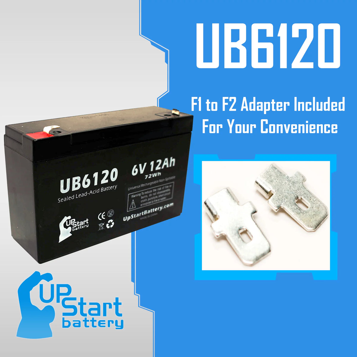 6V 12Ah Sealed Lead Acid Battery with F1 to F2 Terminal Adapters Y1210