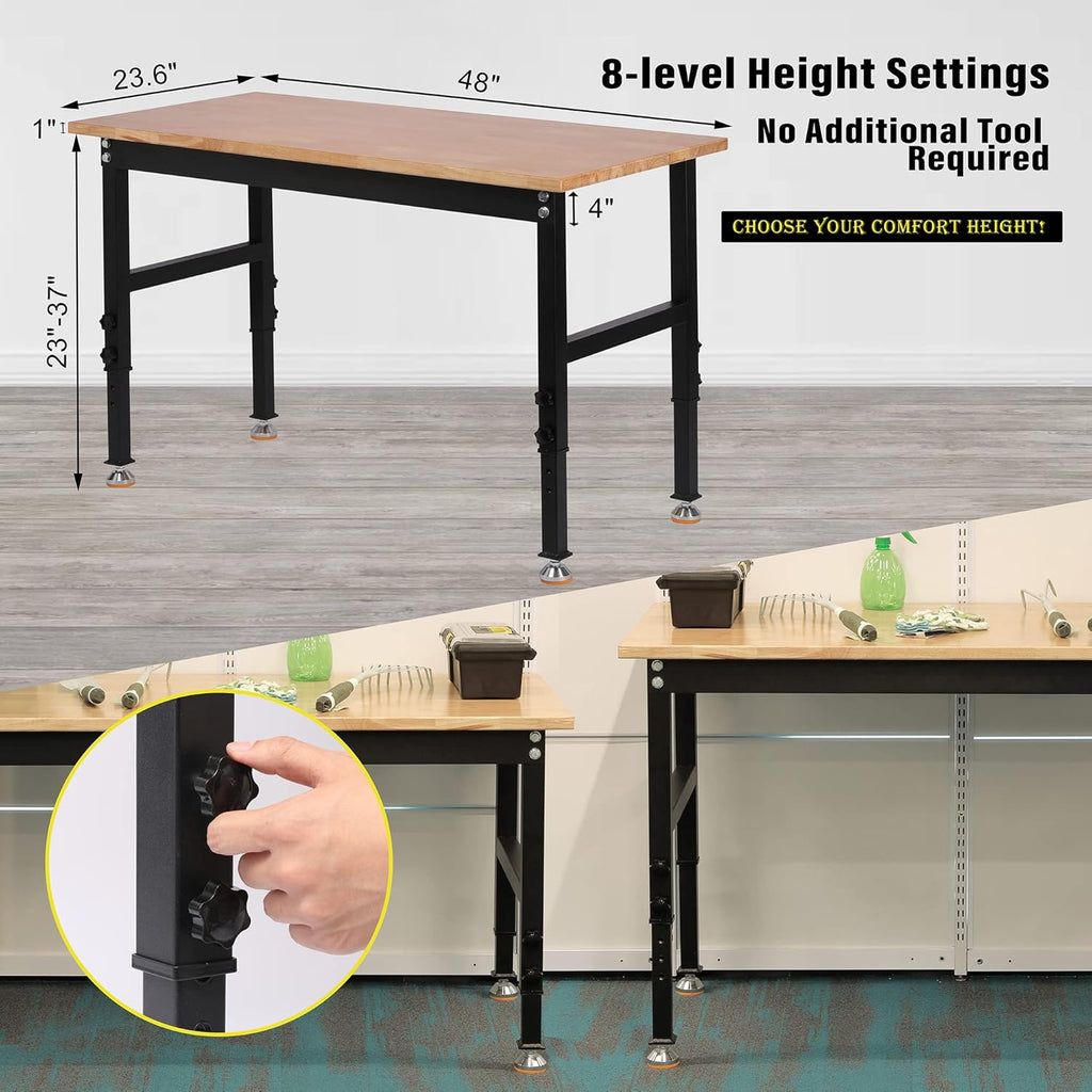 48 Heavy-Duty Adjustable Workbench Rubber Wood Shop Table S564