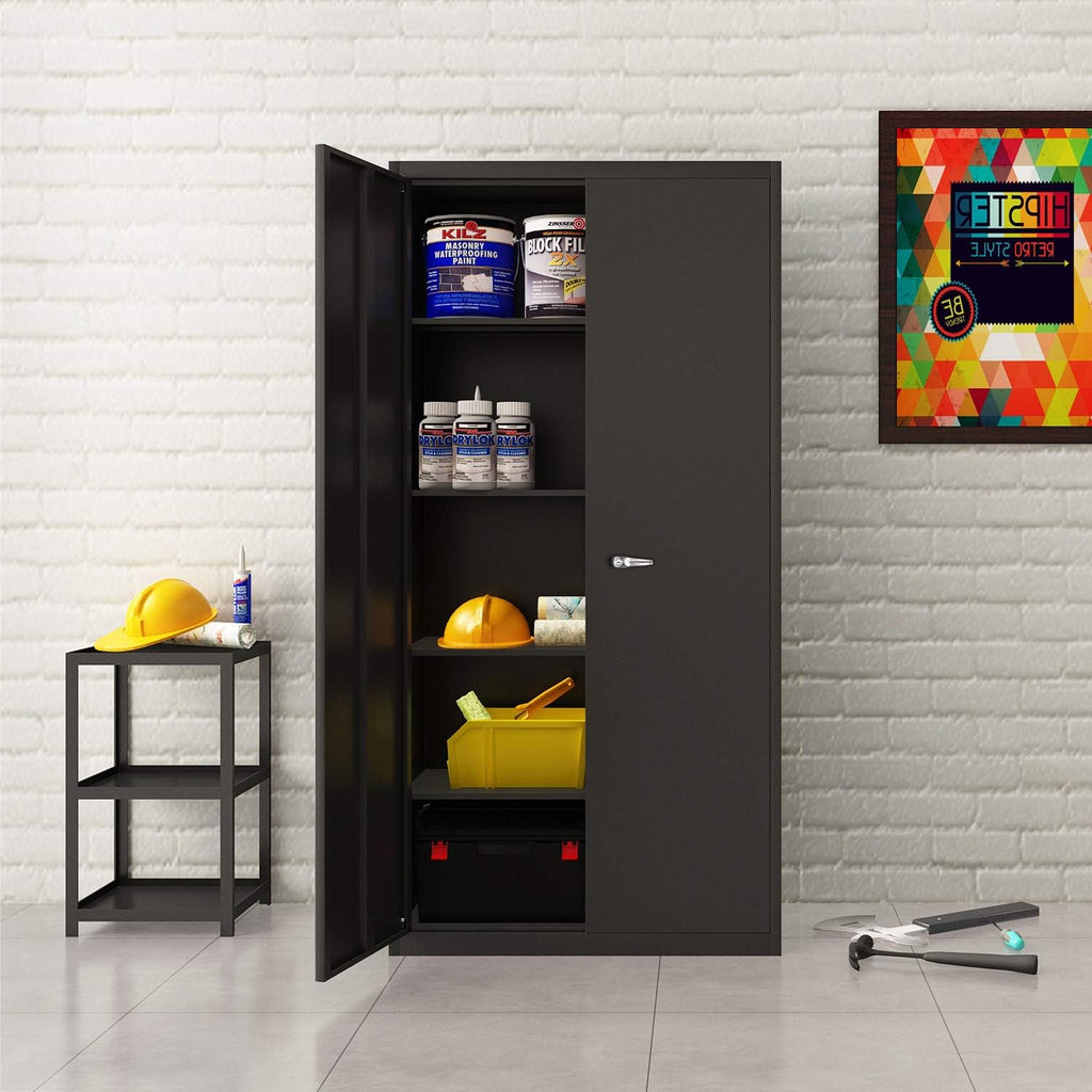 Black 70.8 H Metal Storage Cabinet with 4 Adjustable Shelf and 2 Locking Doors W764092