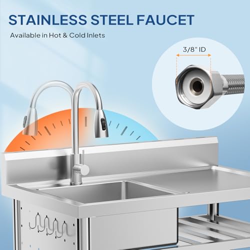 Stainless Steel Freestanding Utility Sink with Workbench Drawer Double Shelves Y566