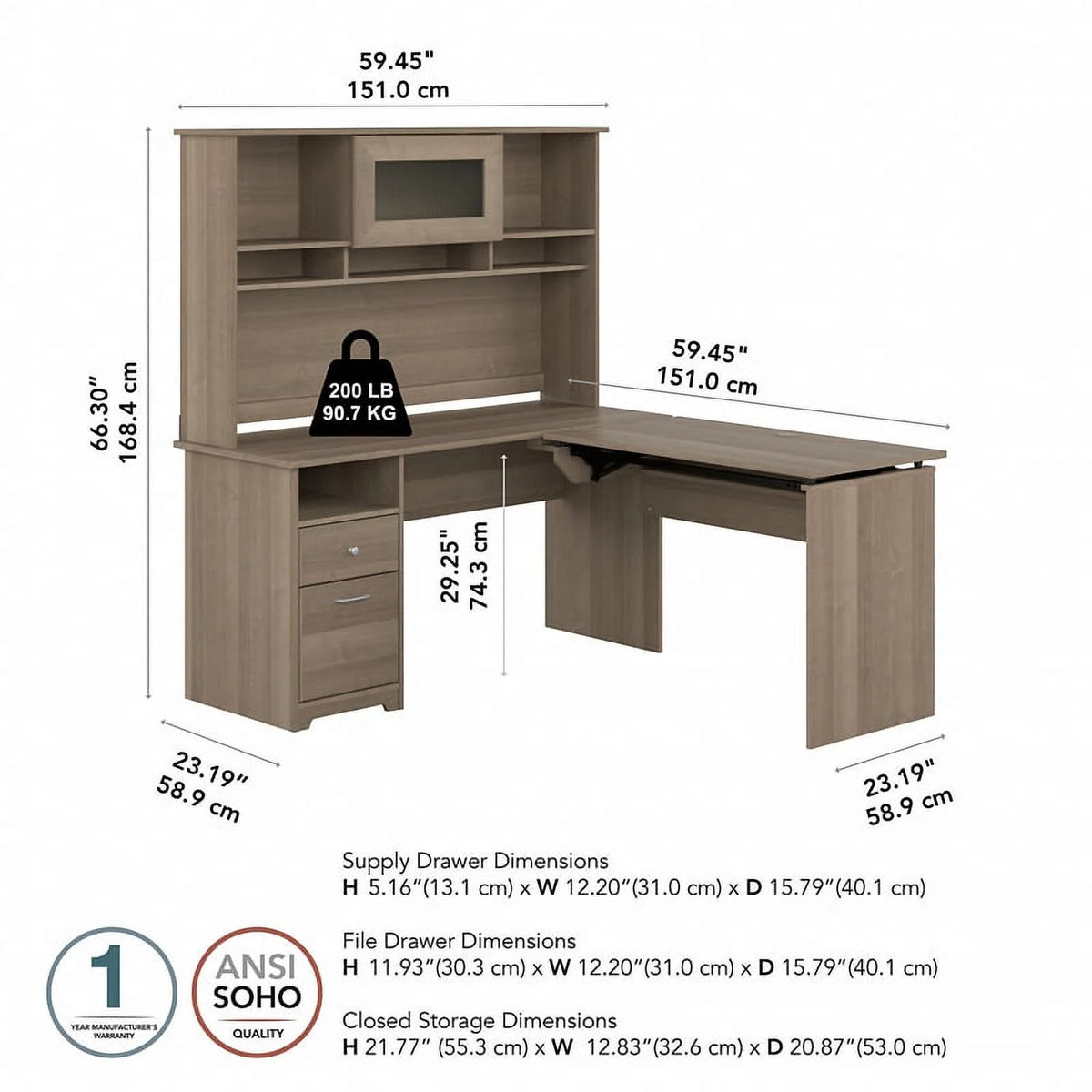 Ash Gray Engineered Wood Sit to Stand L Desk with Hutch A981083