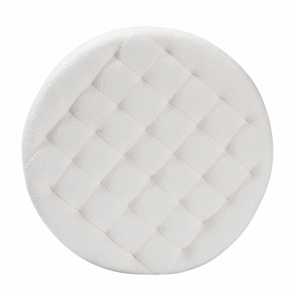 Ivory Boucle Upholstered Black Wood Round Ottoman E9393