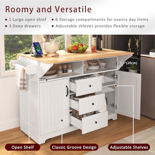 55.7'' Rolling Kitchen Island with 2 Drop Leaves and 3 Drawers T5933