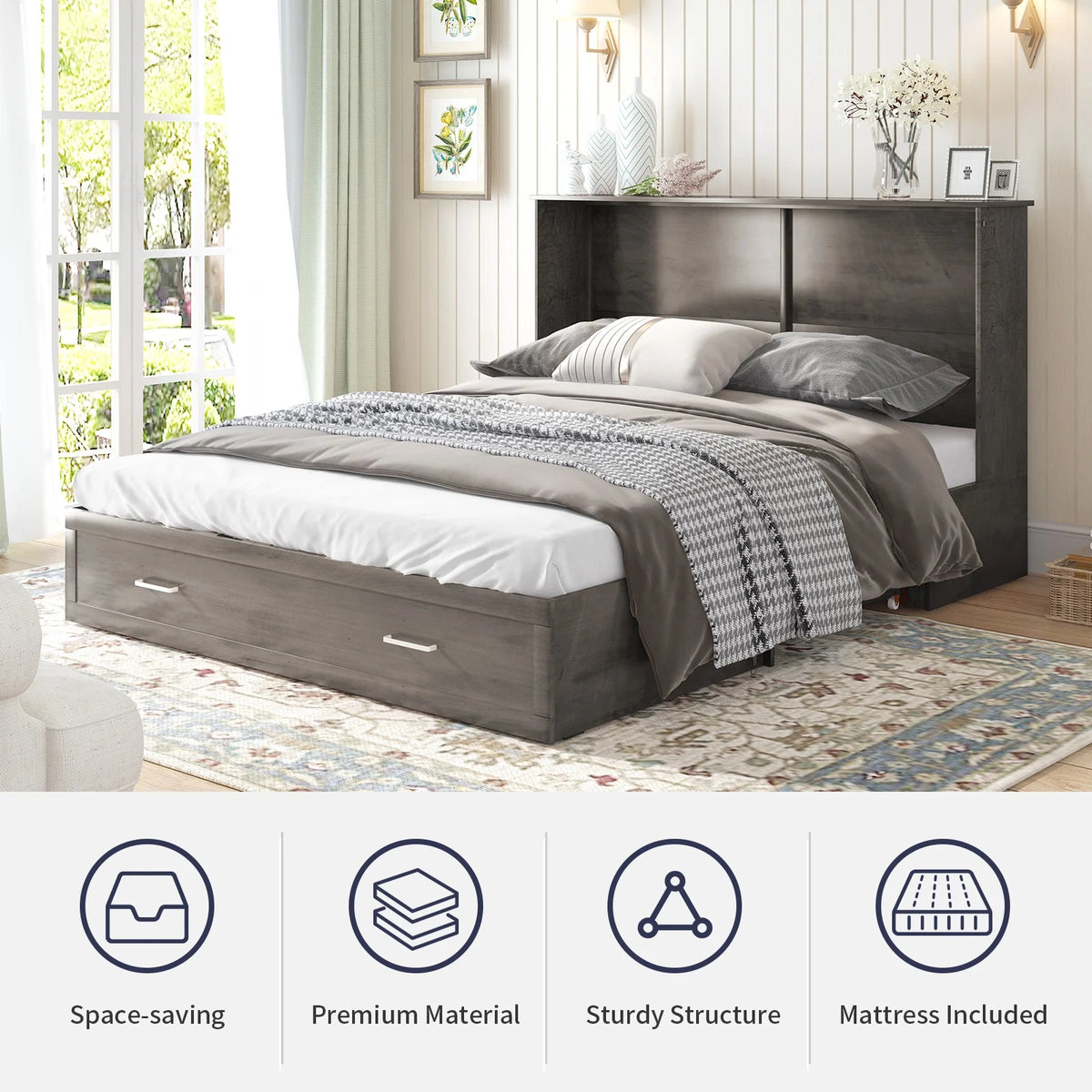Queen Size Grey Murphy Cabinet Bed with USB Charging Station G61977