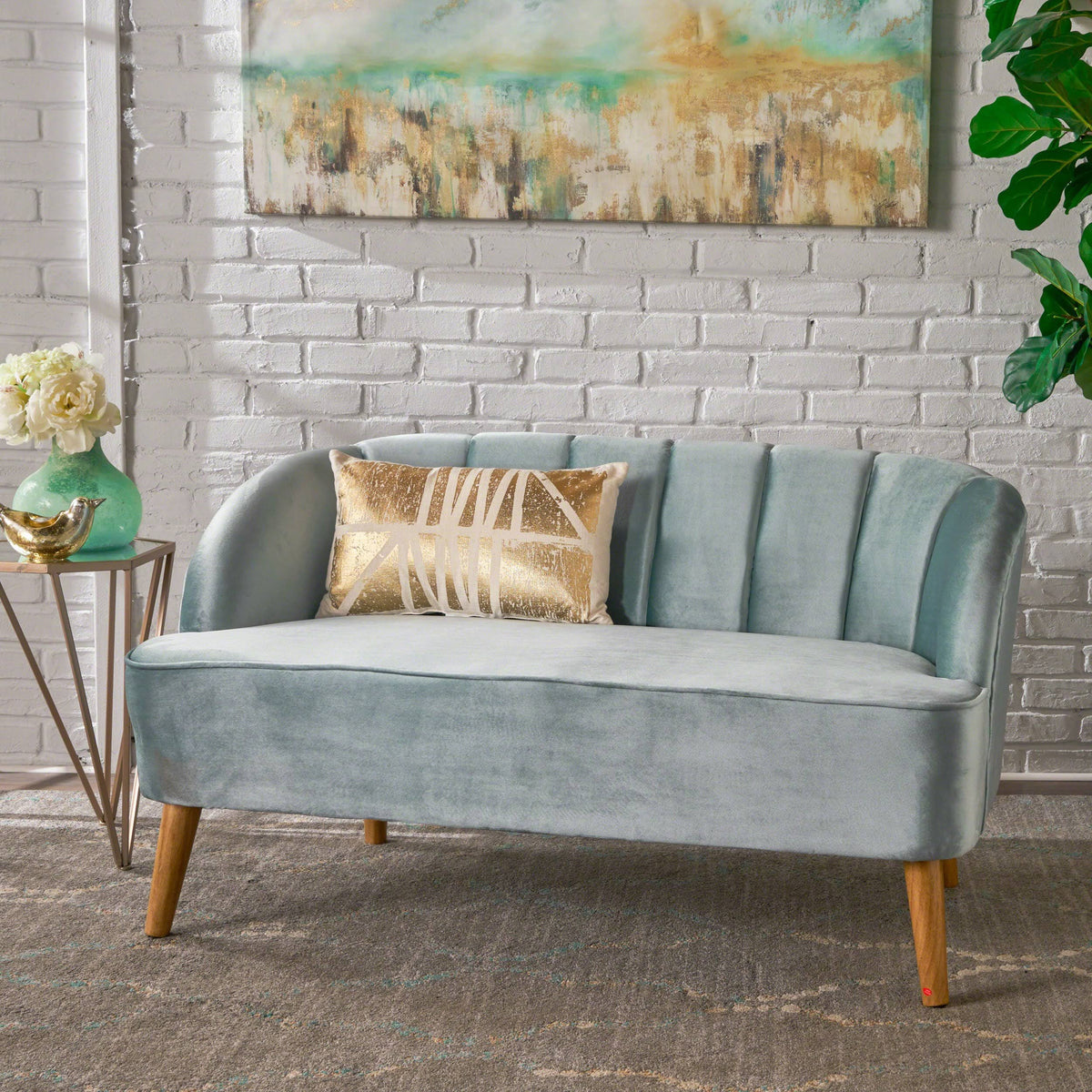 Seafoam Blue Velvet Settee I36018