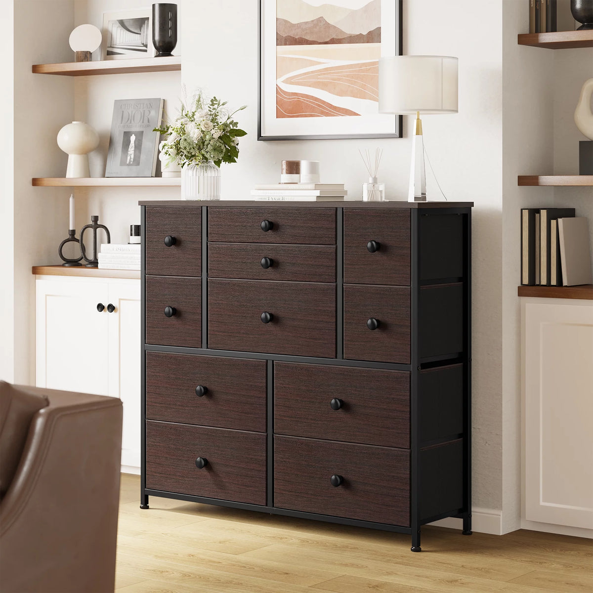 11 Fabric Drawers Dresser Chest of Drawers Faux Leather Rustic Brown Wood Top T257111