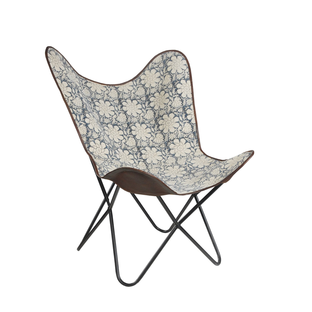 Blue/White/Brown Floral Canvas Faux Leather Butterfly Chair B46750
