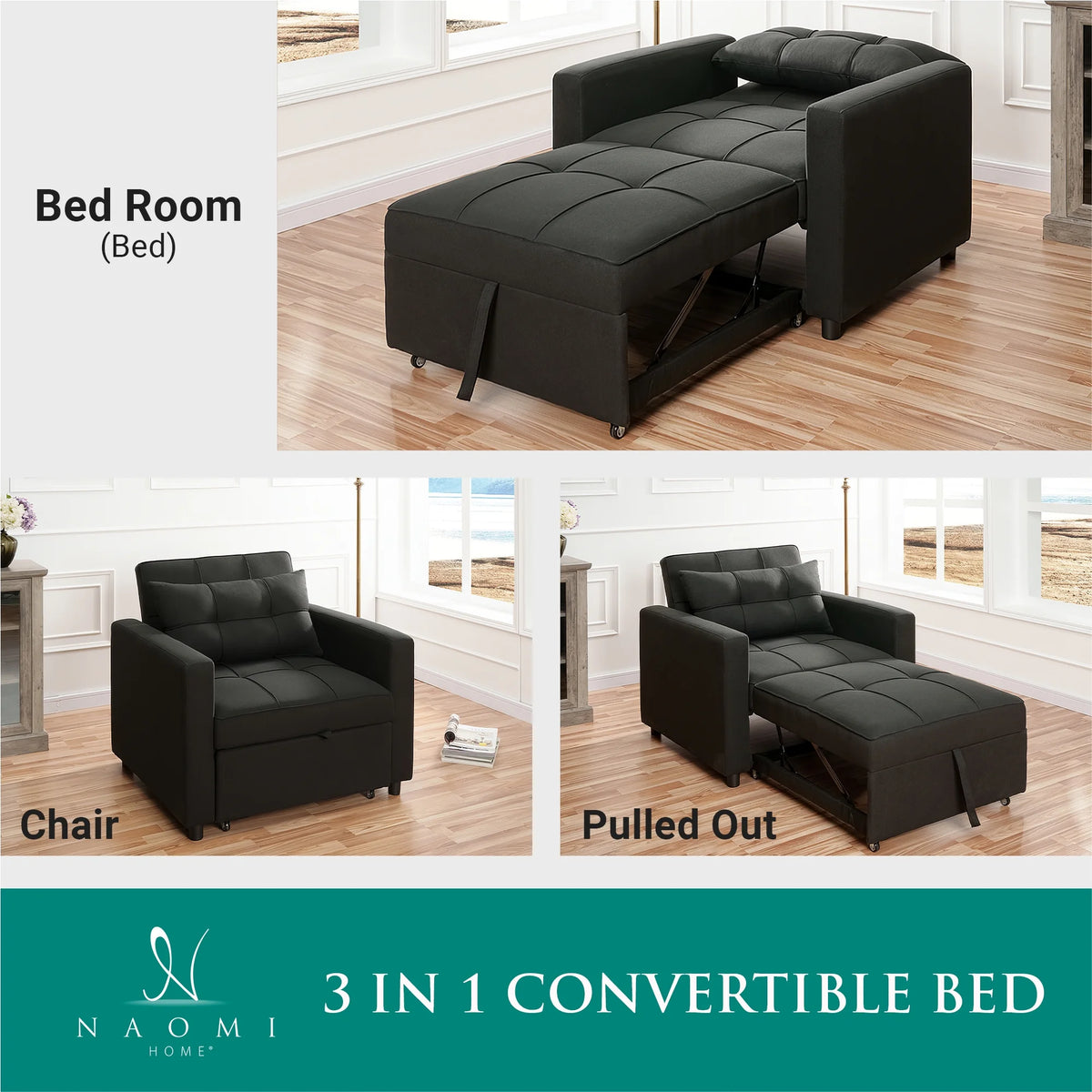 Black 3 in 1 Convertible Chair Bed Sleeper with Pillow E94895