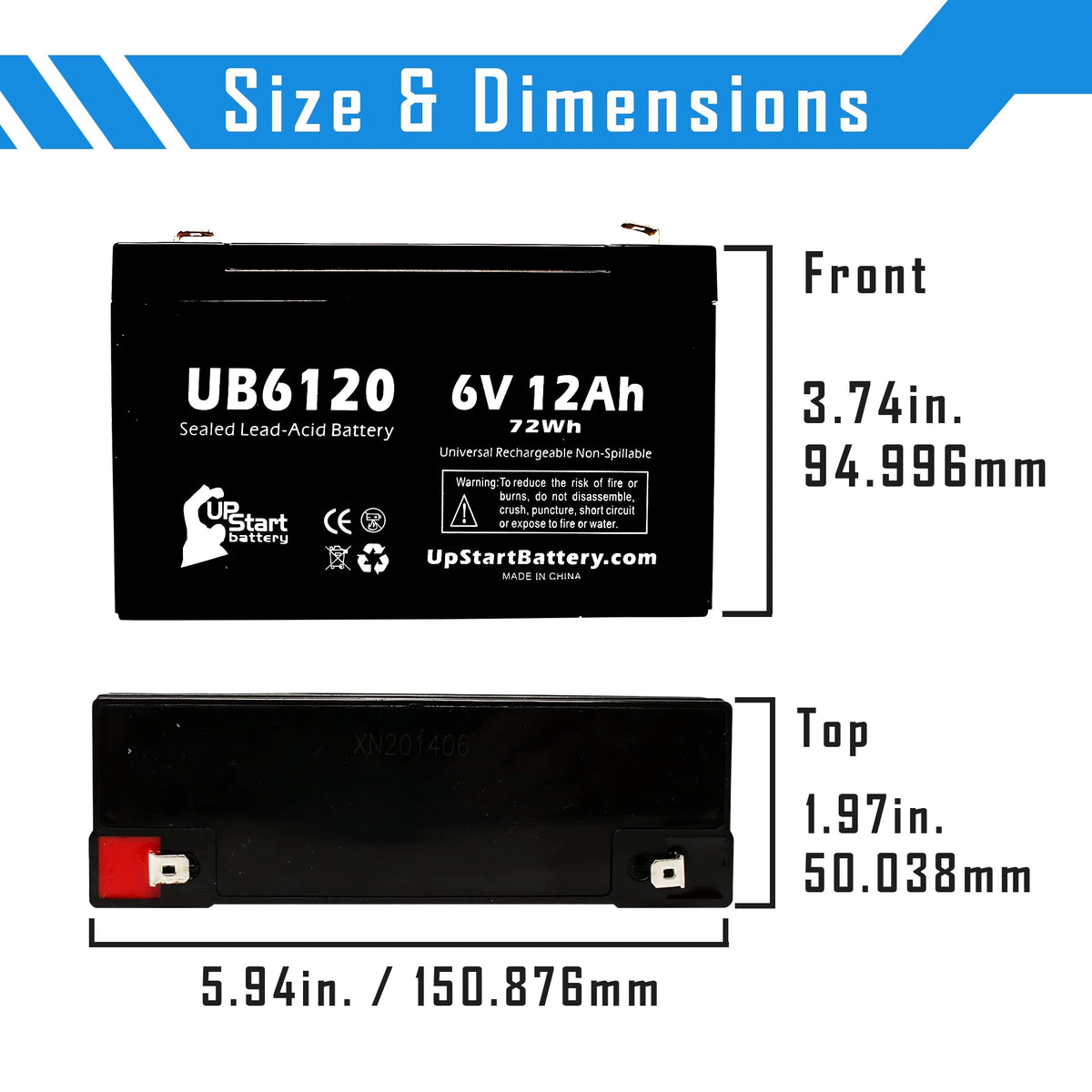 6V 12Ah Sealed Lead Acid Battery with F1 to F2 Terminal Adapters Y1210