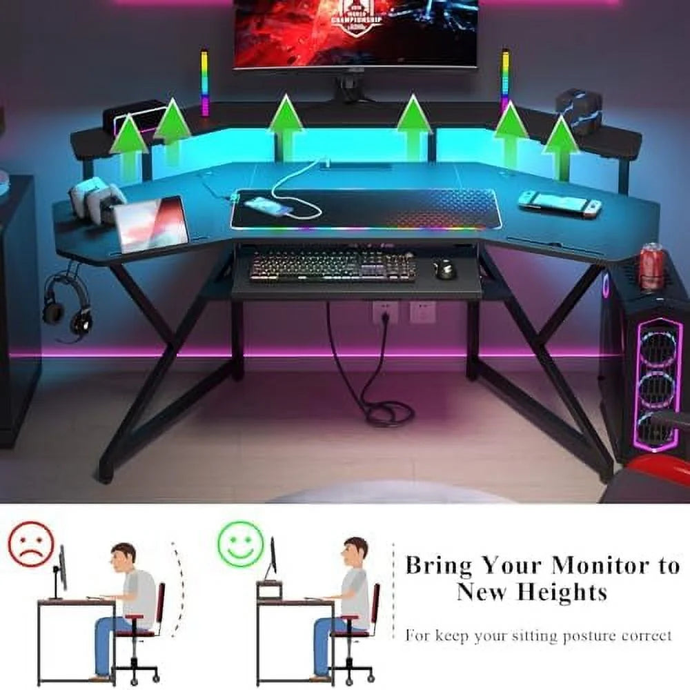 72" Gaming Desk with Power Outlet & Led Strip N8545