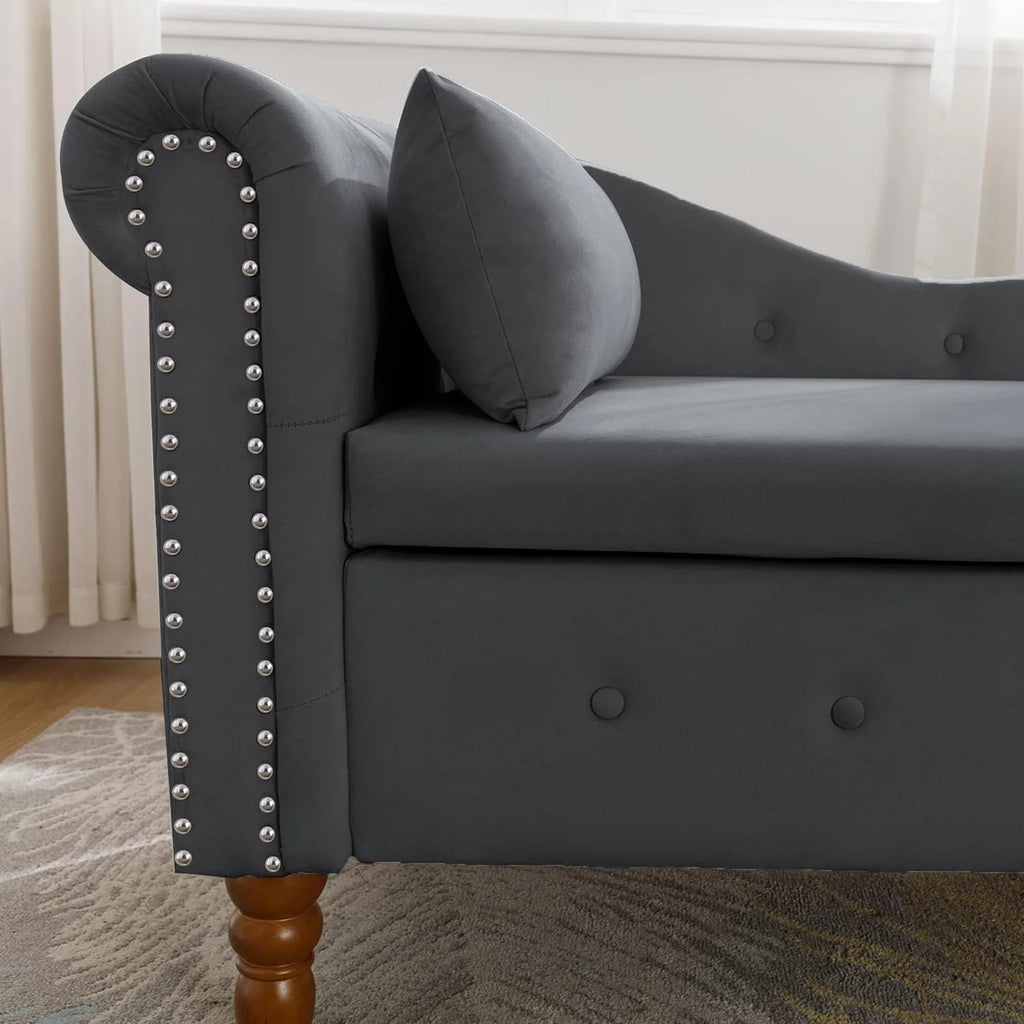 Black Velvet Chaise Lounge Chair with Storage & Pillow B1062
