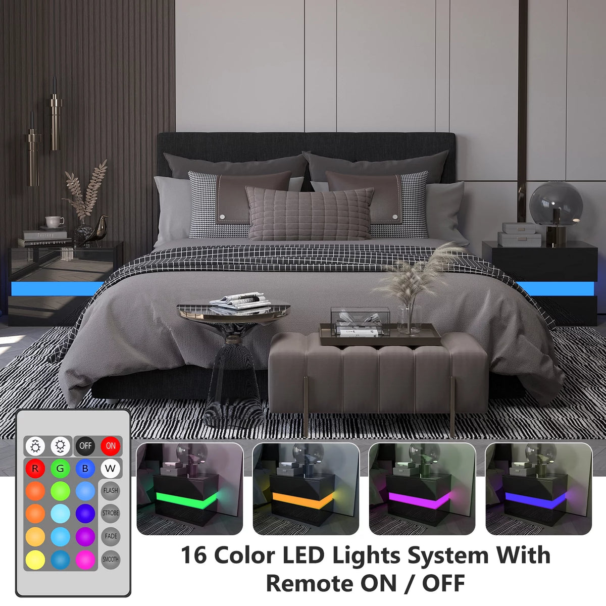 Black LED Nightstand Set of 2 with 2 Storage Drawers K958512