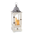 Faded White Wood Lantern with Metal Top & Glass Windows D45533