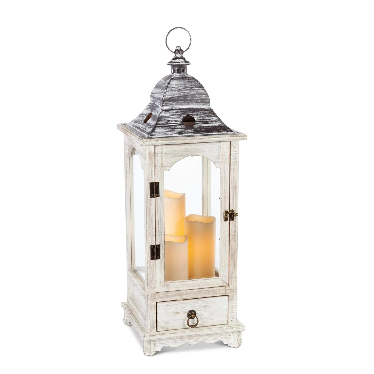 Faded White Wood Lantern with Metal Top & Glass Windows D45533