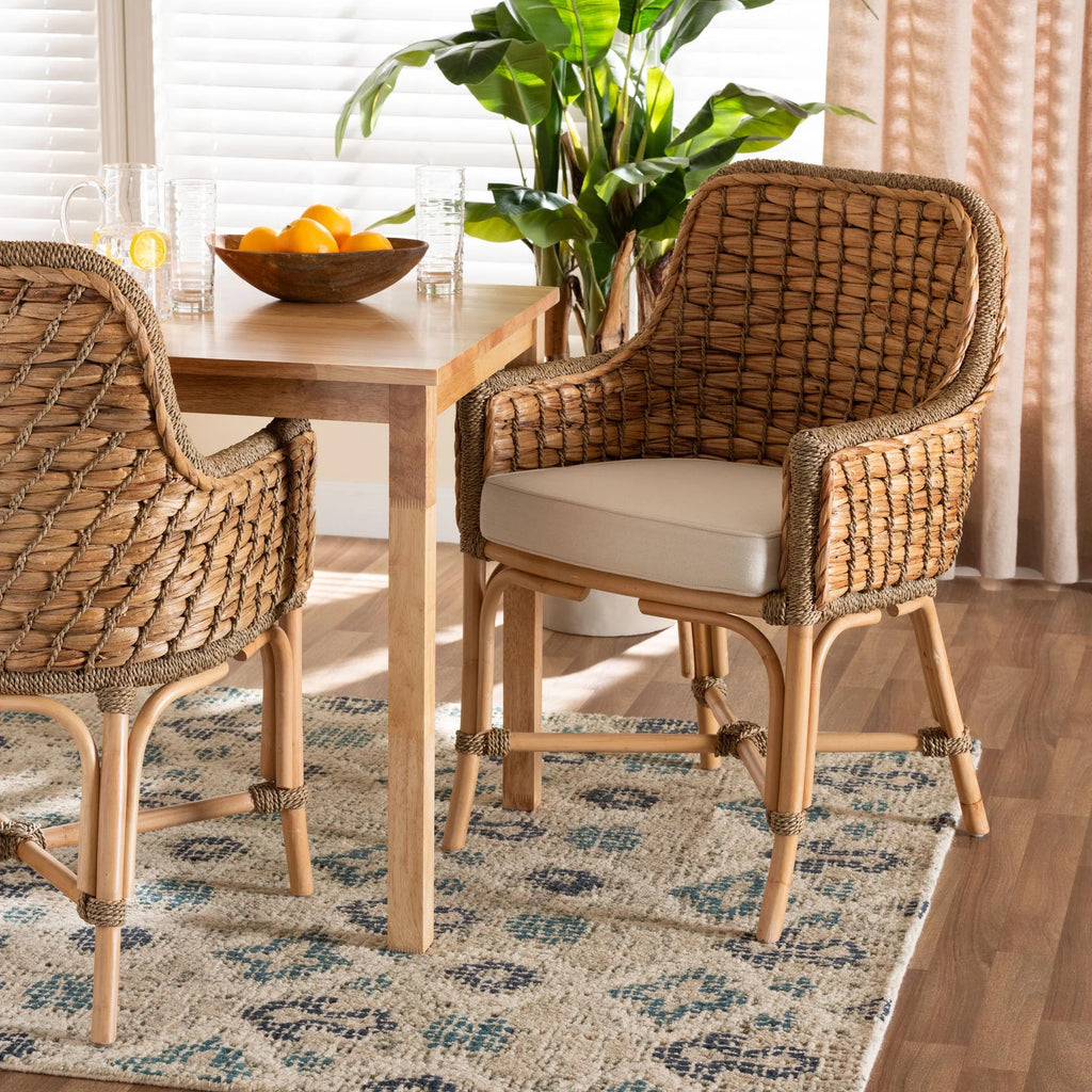 Natural Brown Woven Rattan Dining Arm Chair with Cushion H42250