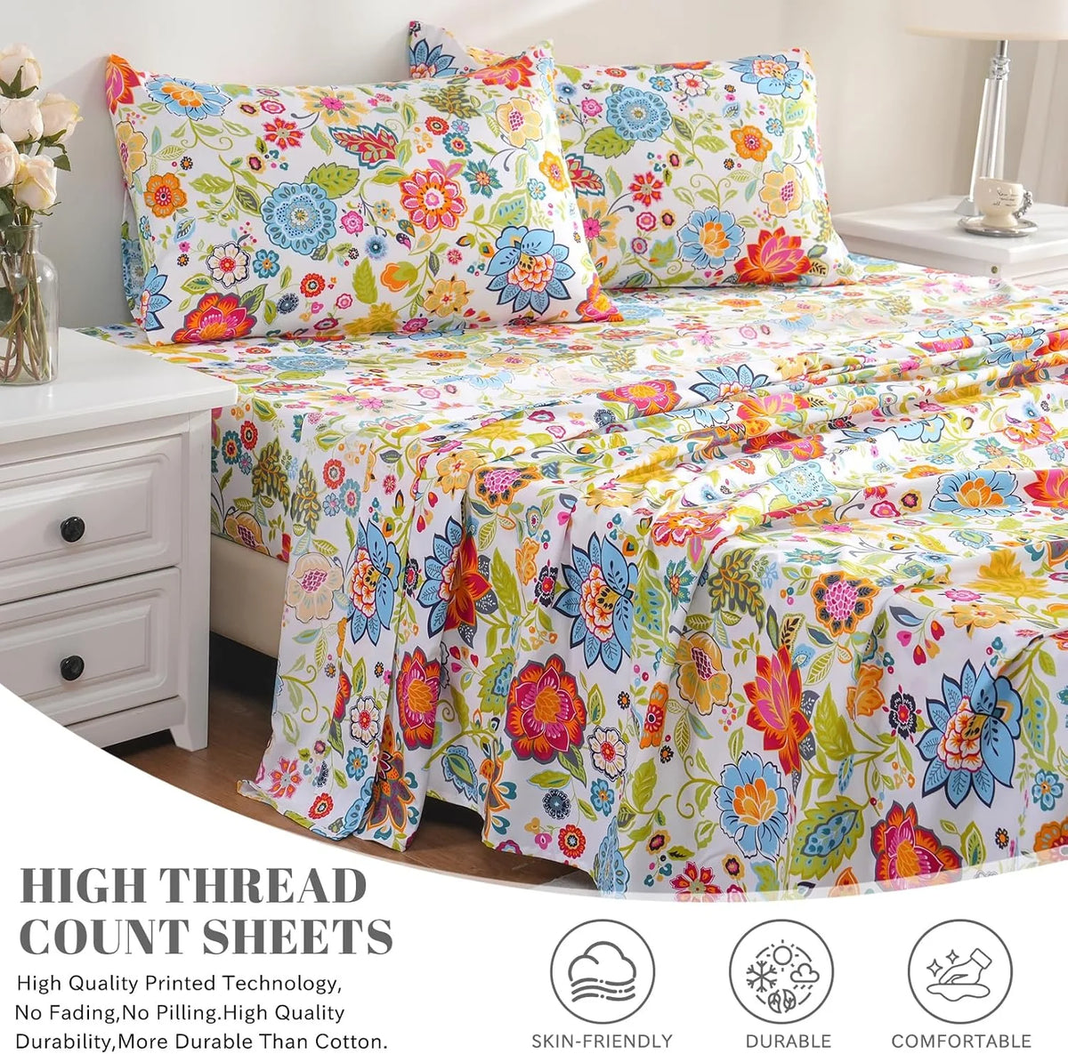 Queen Size 4 Piece Microfiber Floral Bed Sheets H291373