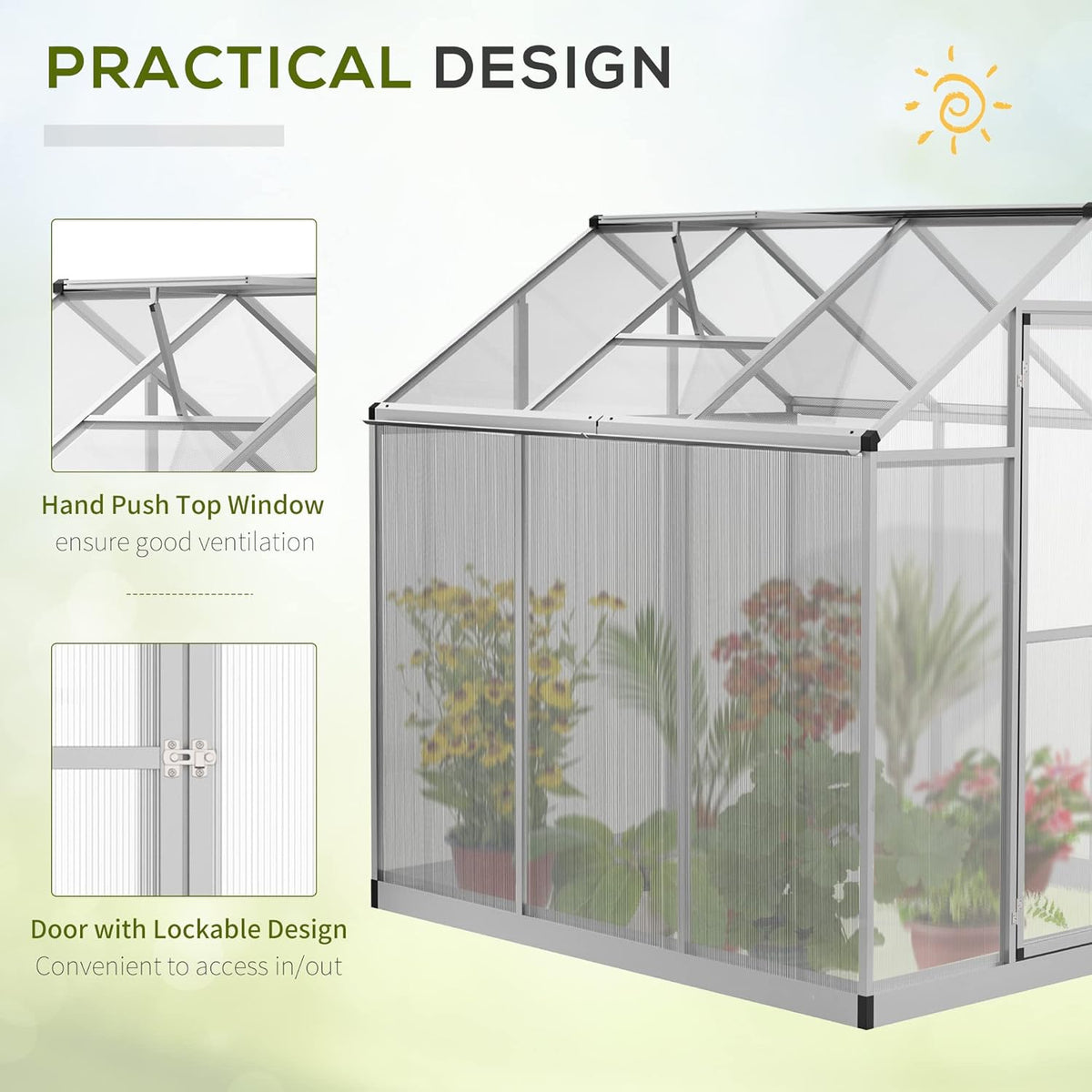 Walk-in Polycarbonate Greenhouse with Roof Vent V28237