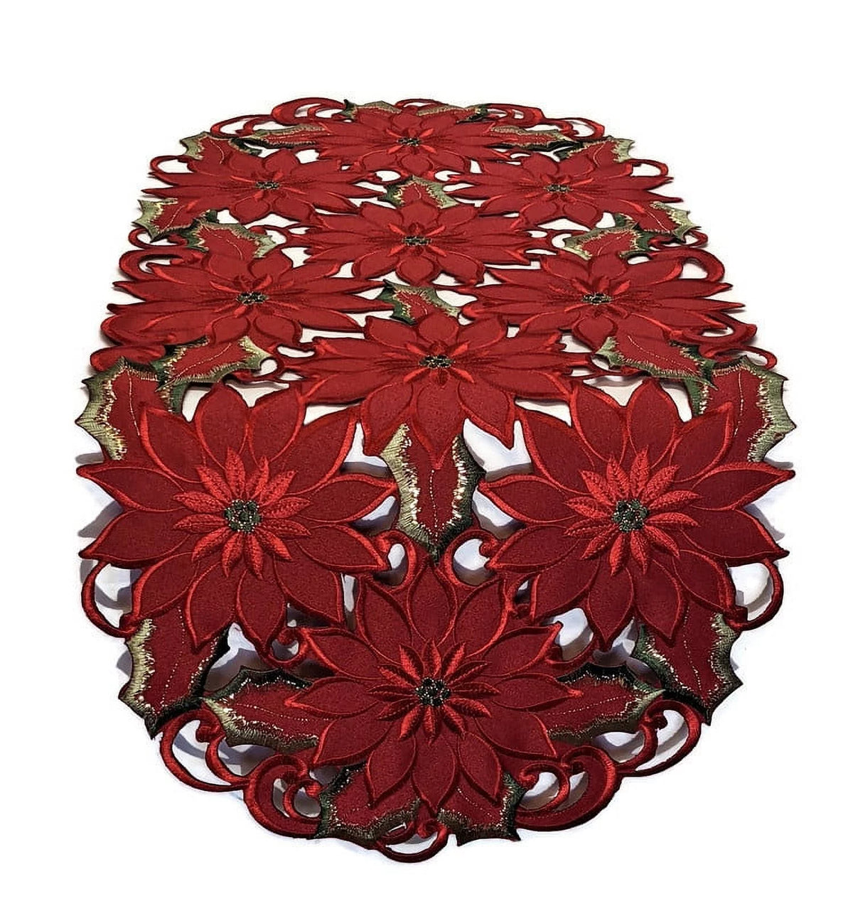 Christmas Table Runner with Red Cutwork Poinsettias, 34 x 15 inches U407319