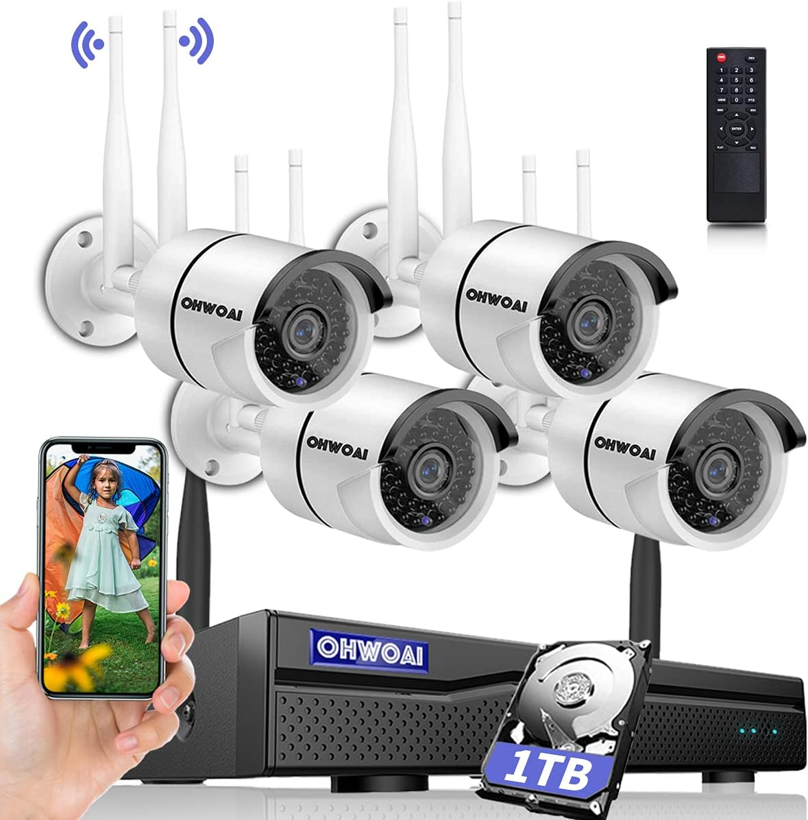 Wireless Security Camera System 8CH NVR 4Pcs Dual Antenna IP Cameras with Floodlights IP66 1TB HDD Z4854
