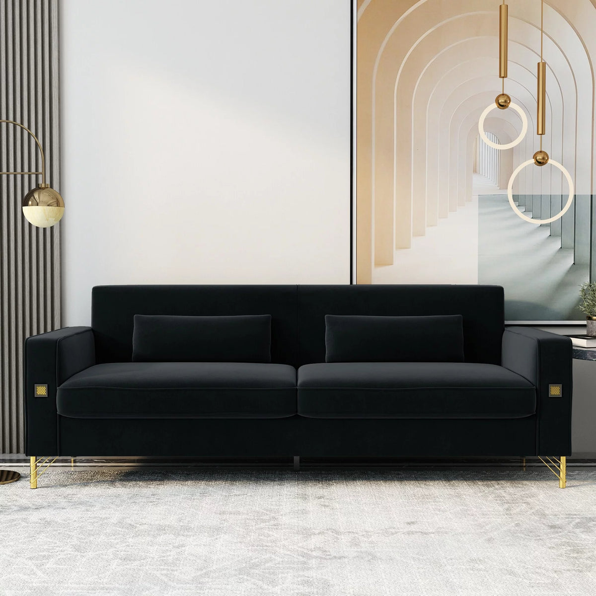Black Velvet Loveseat with Metal Legs H298